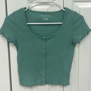 American Eagle XS Green Button/Ruffle Cropped T-Shirt